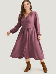 Twill Gathered Button Detail Lantern Sleeve Dress