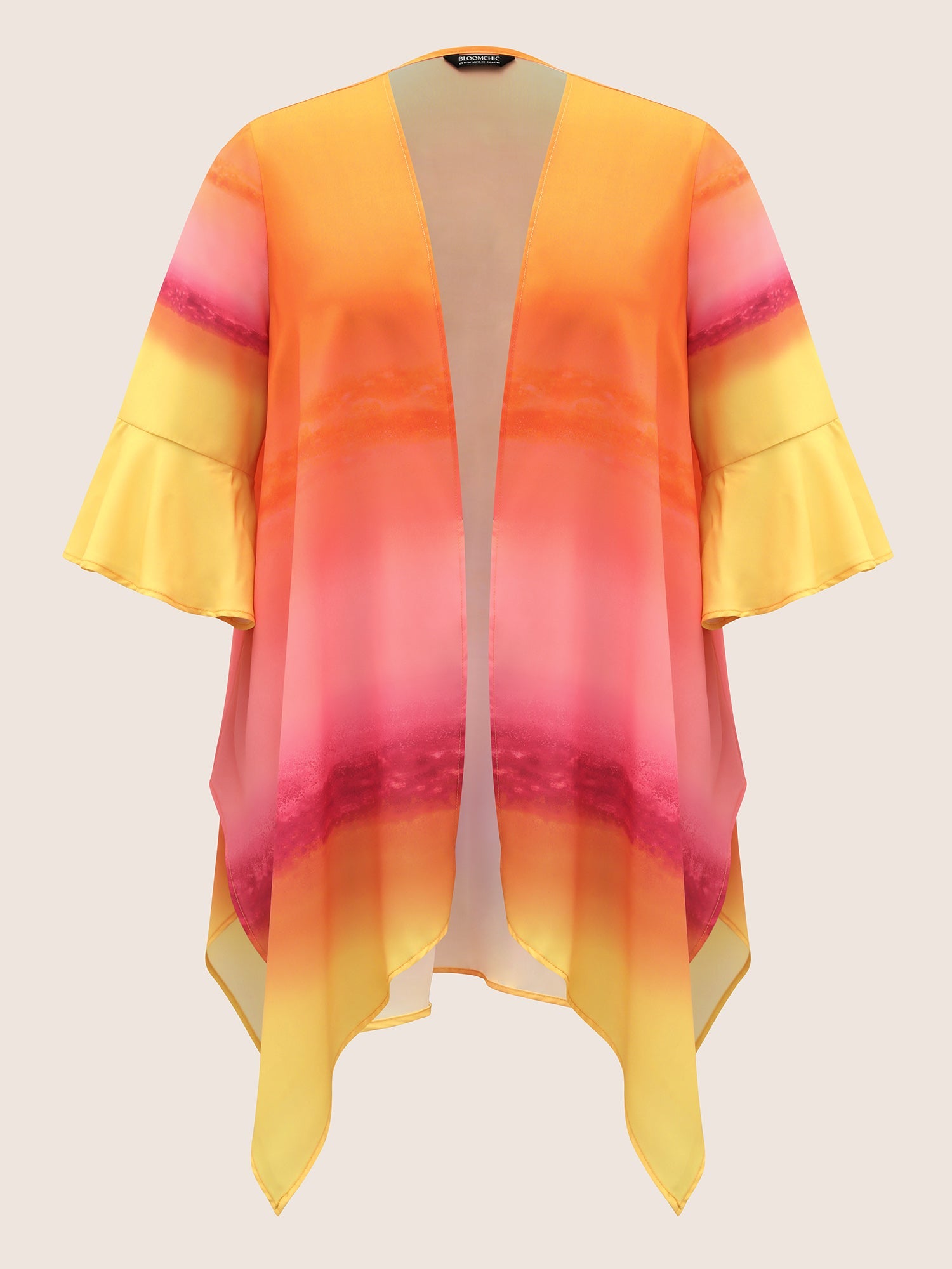 Ombre Ruffle Sleeve Asymmetrical Hem Kimono