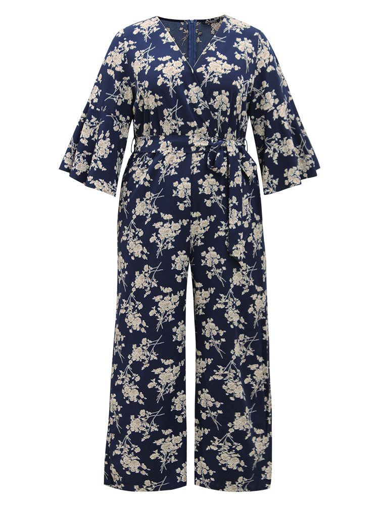 Floral Print Bell Sleeve Pocket Belted Jumpsuit