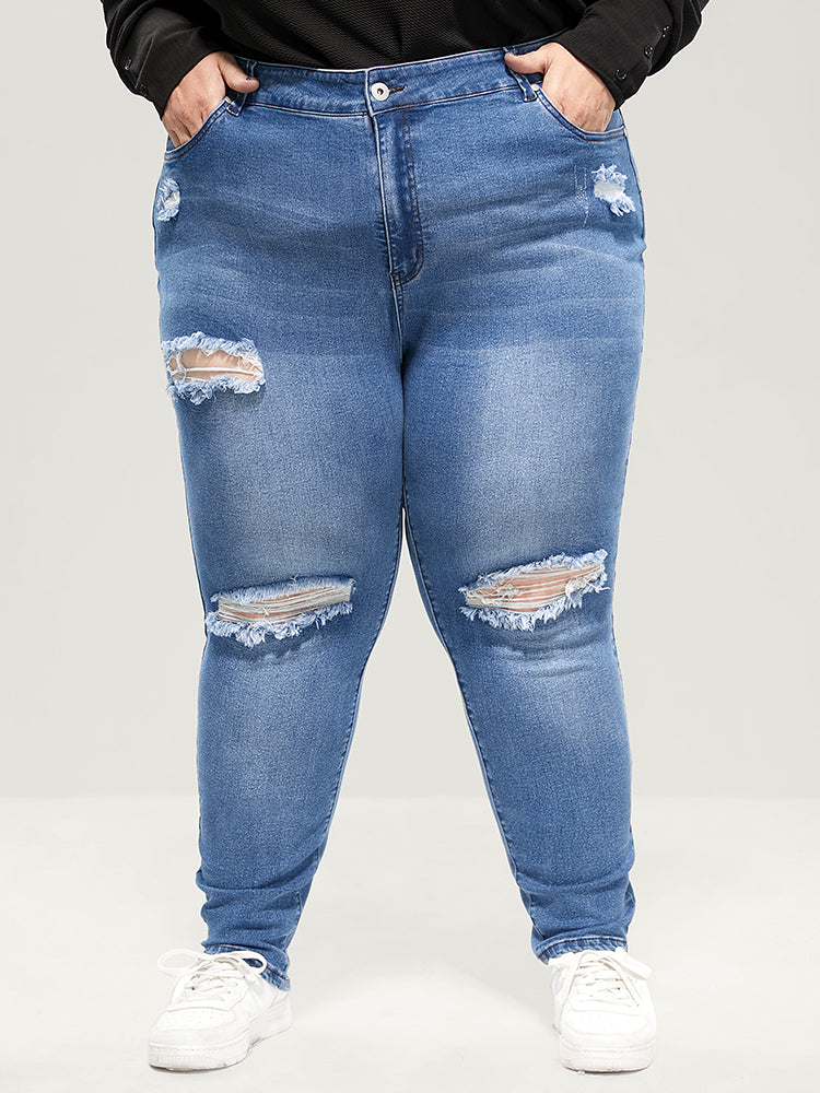 Skinny Very Stretchy High Rise Asymmetrical Distressed Jeans