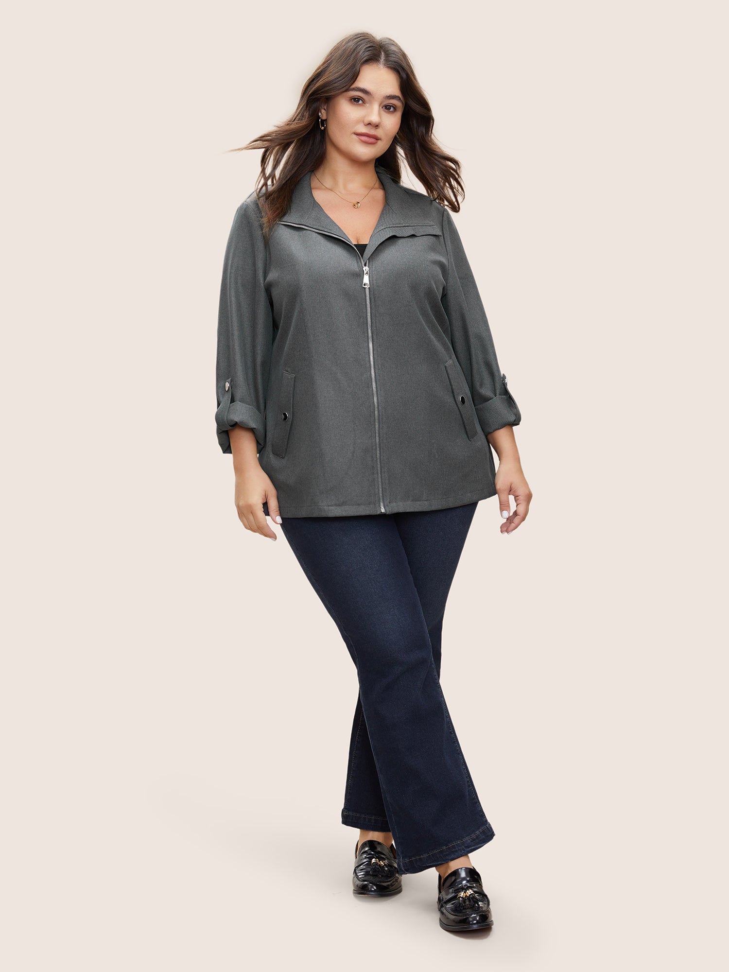 Solid Zipper Button Detail Tab Sleeve Jacket