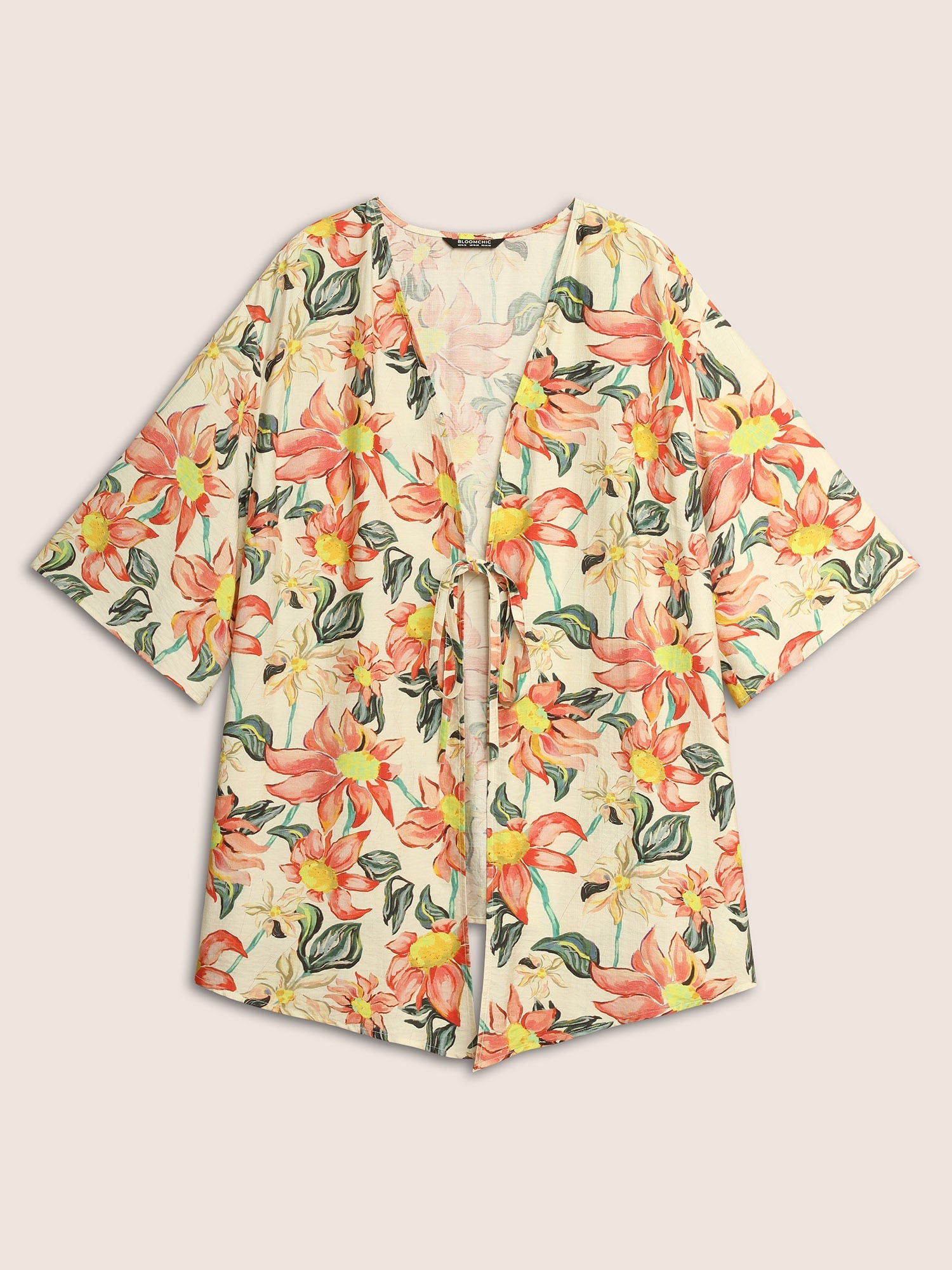 Floral Print Tie Knot Ruffle Sleeve Kimono