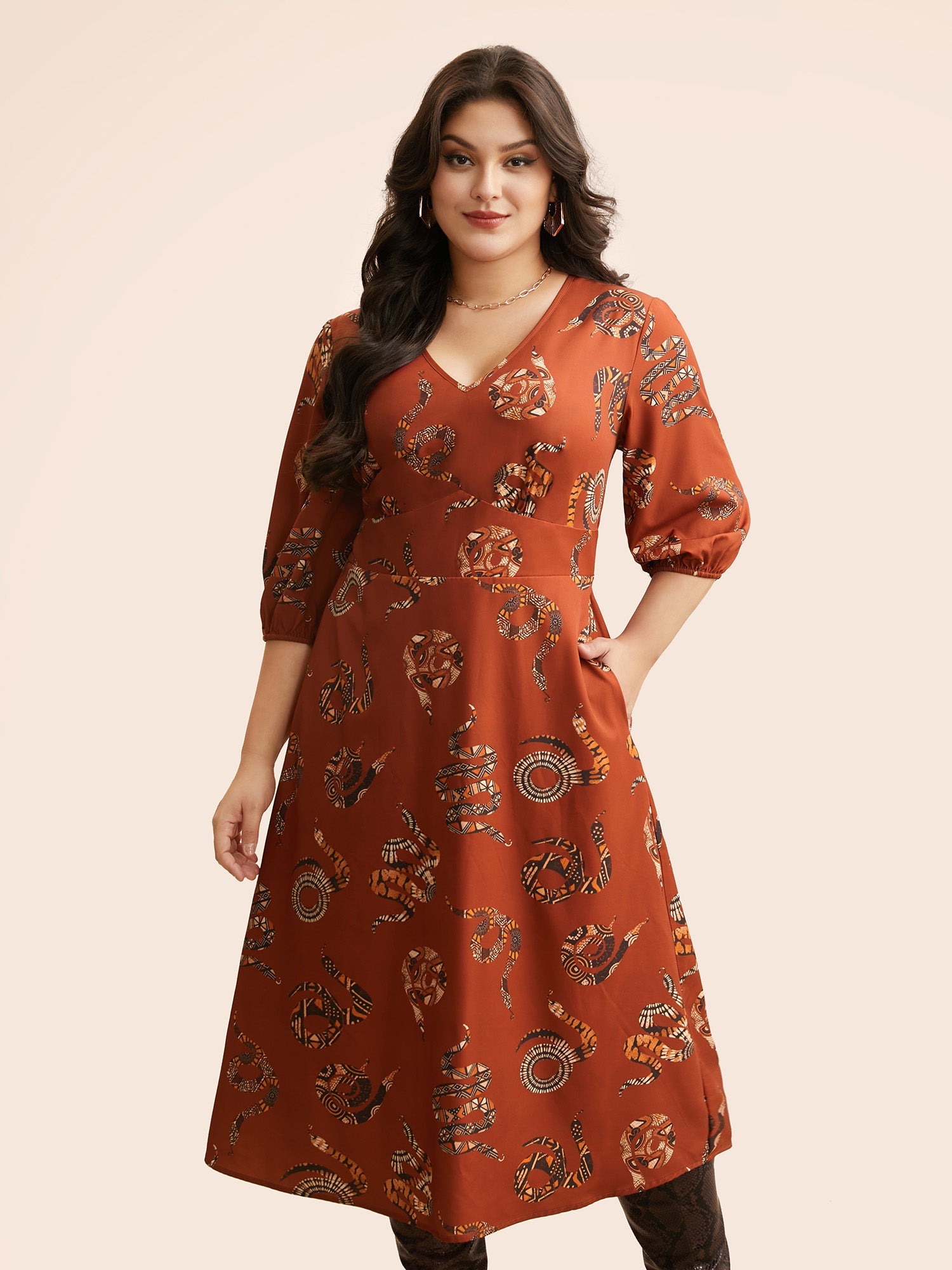 Snake Print Lantern Sleeve Midi Dress