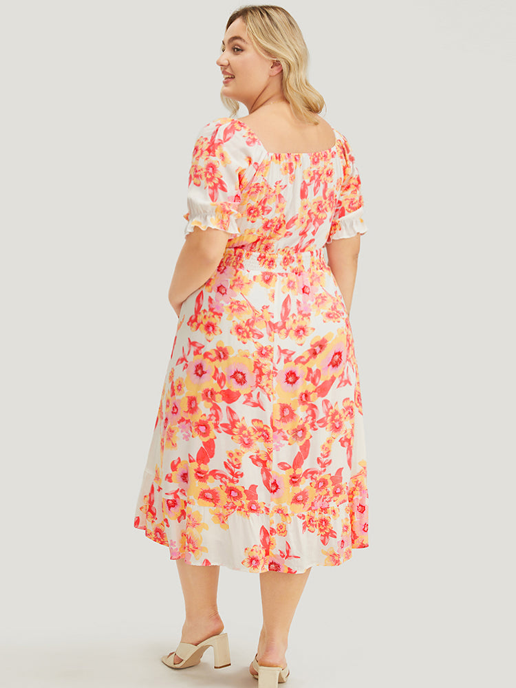 Floral Puff Sleeve Pocket Square Neck Shirred Dress