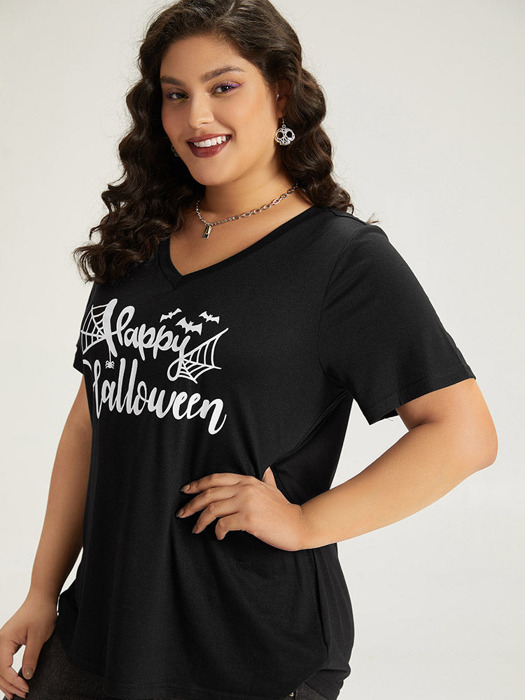 Halloween Letter Print V Neck T-shirt