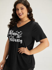 Halloween Letter Print V Neck T-shirt