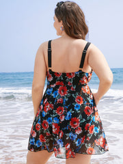 Floral Print Deep V Neck Sculpt Waist Split Swim Dress
