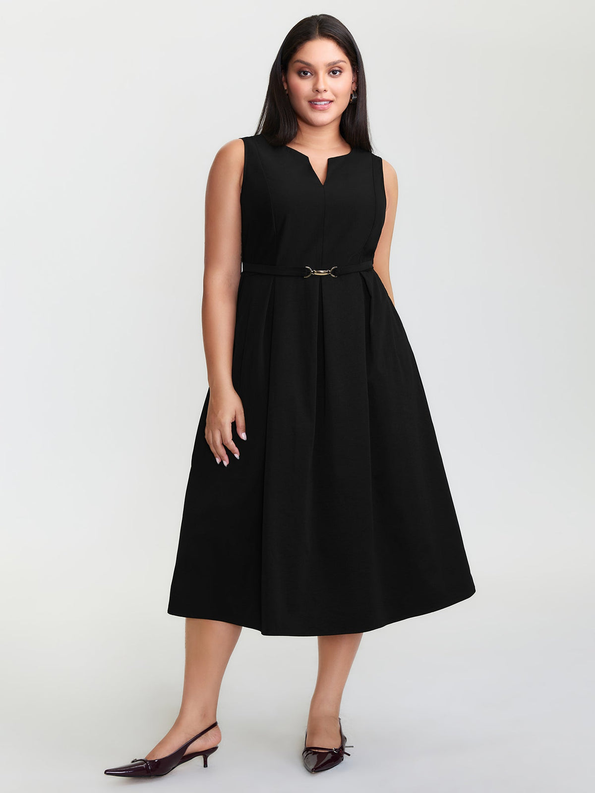 Split Neckline Waist Defining Midi Dress