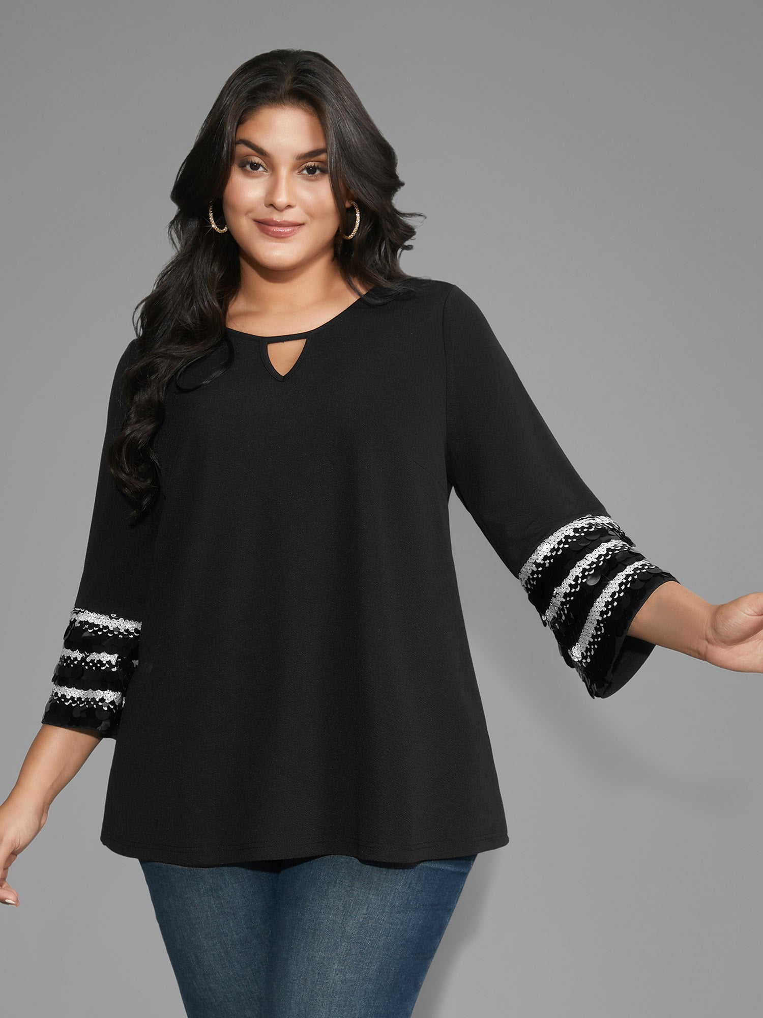 Sequin Patchwork Keyhole Bell Sleeve Blouse