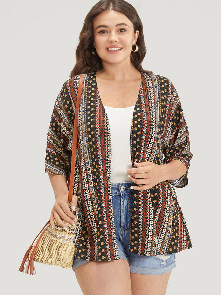 Boho Print Open Front Half Sleeve Kimono