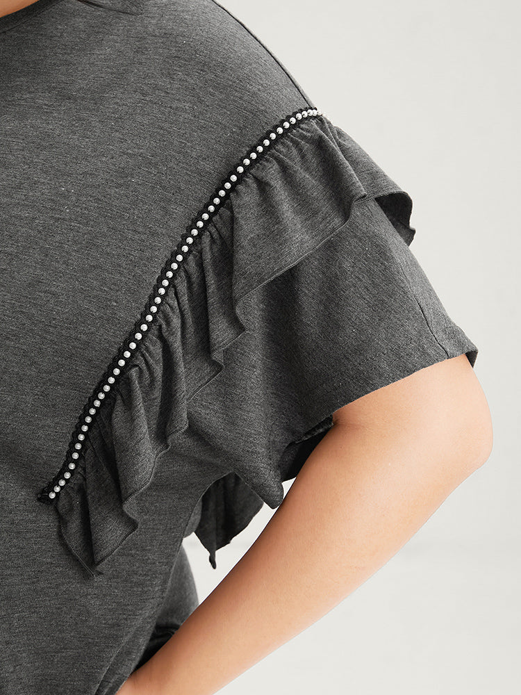 Solid Round Neck Pocket Beaded Webbing Ruffle Trim Dress