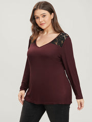 Solid V Neck Contrast Lace Rib Knit Long Tee