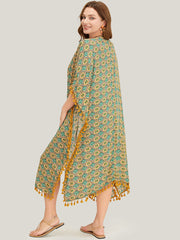 Bandana Batwing Sleeve Tassels Trim Split Open Front Kimono