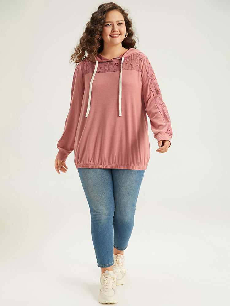 Solid Hooded Drawstring Broderie Anglaise Sweatshirt