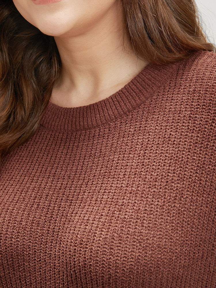 Solid Pointelle Knit Round Neck Bell Sleeve Knit Top