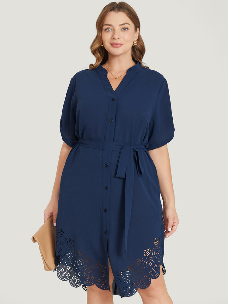 Solid Cuffed Sleeve Button Up Belted Laser Cut Arc Hem Dress