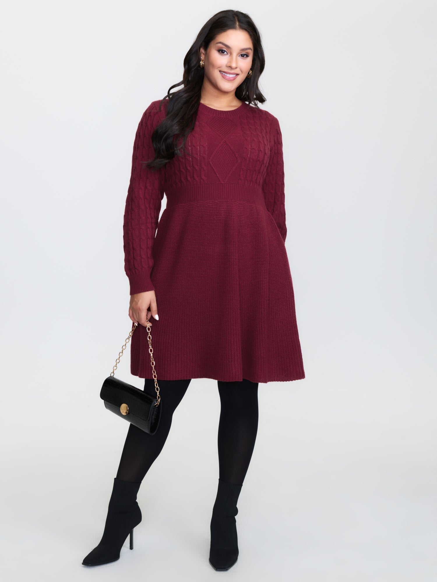 Textured Cinched-Waist A-Line Sweater Dress