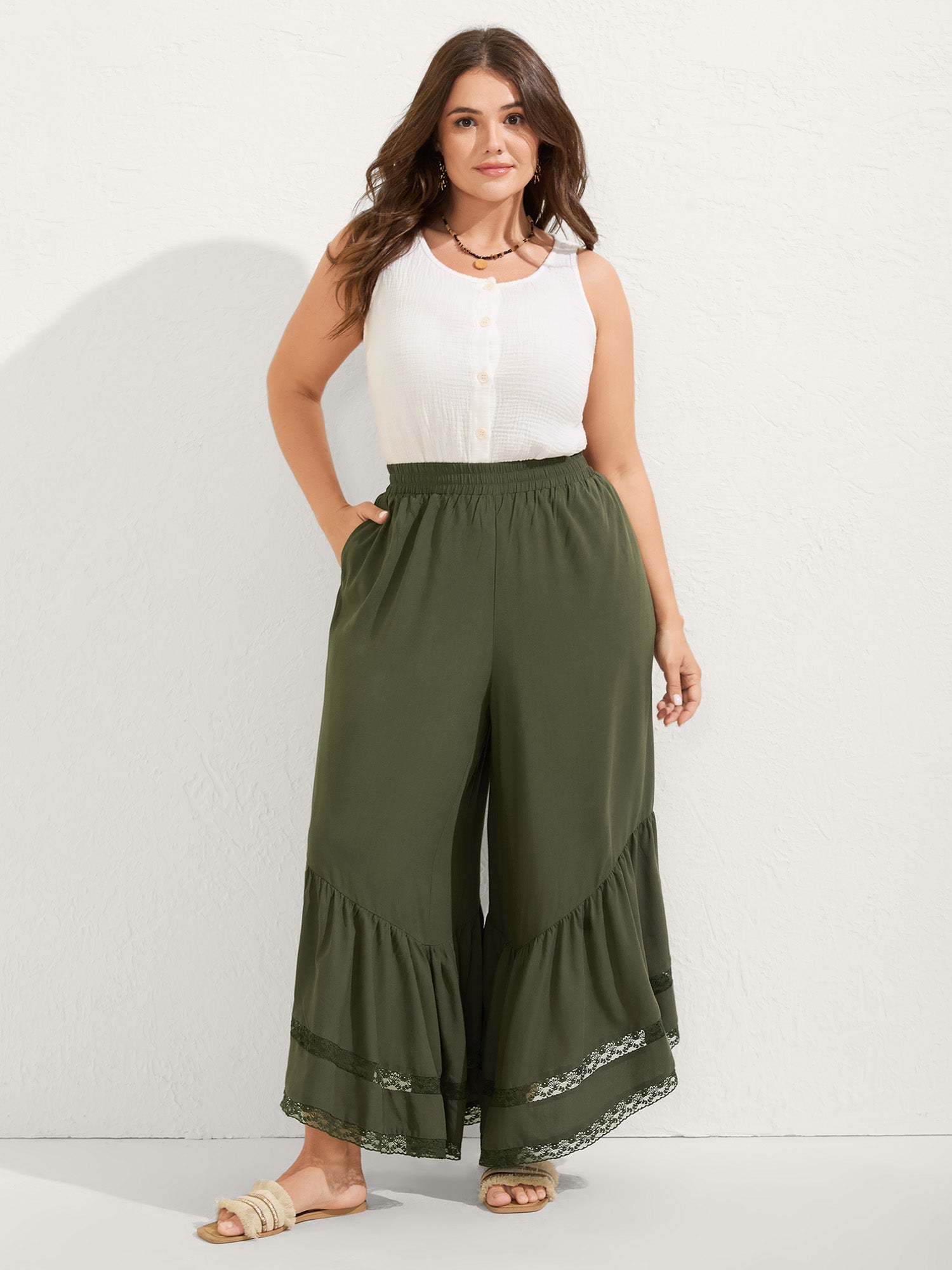 Ruffled Lace Hem Wide-Leg Pants