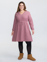 Textured Drawstring Waist V-Neck Sweater Dress