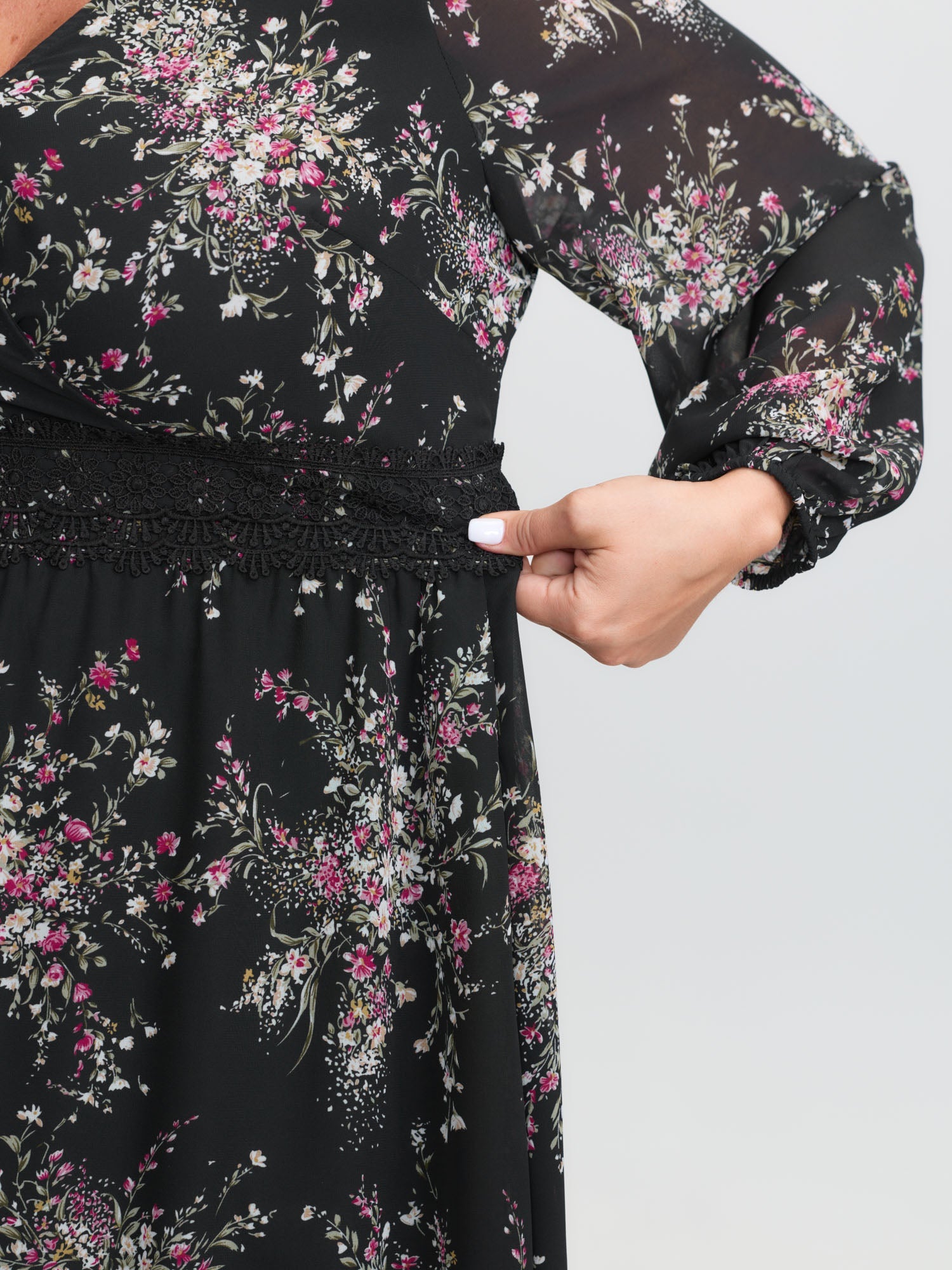 Soft Floral Print Lace Trim Midi Dress