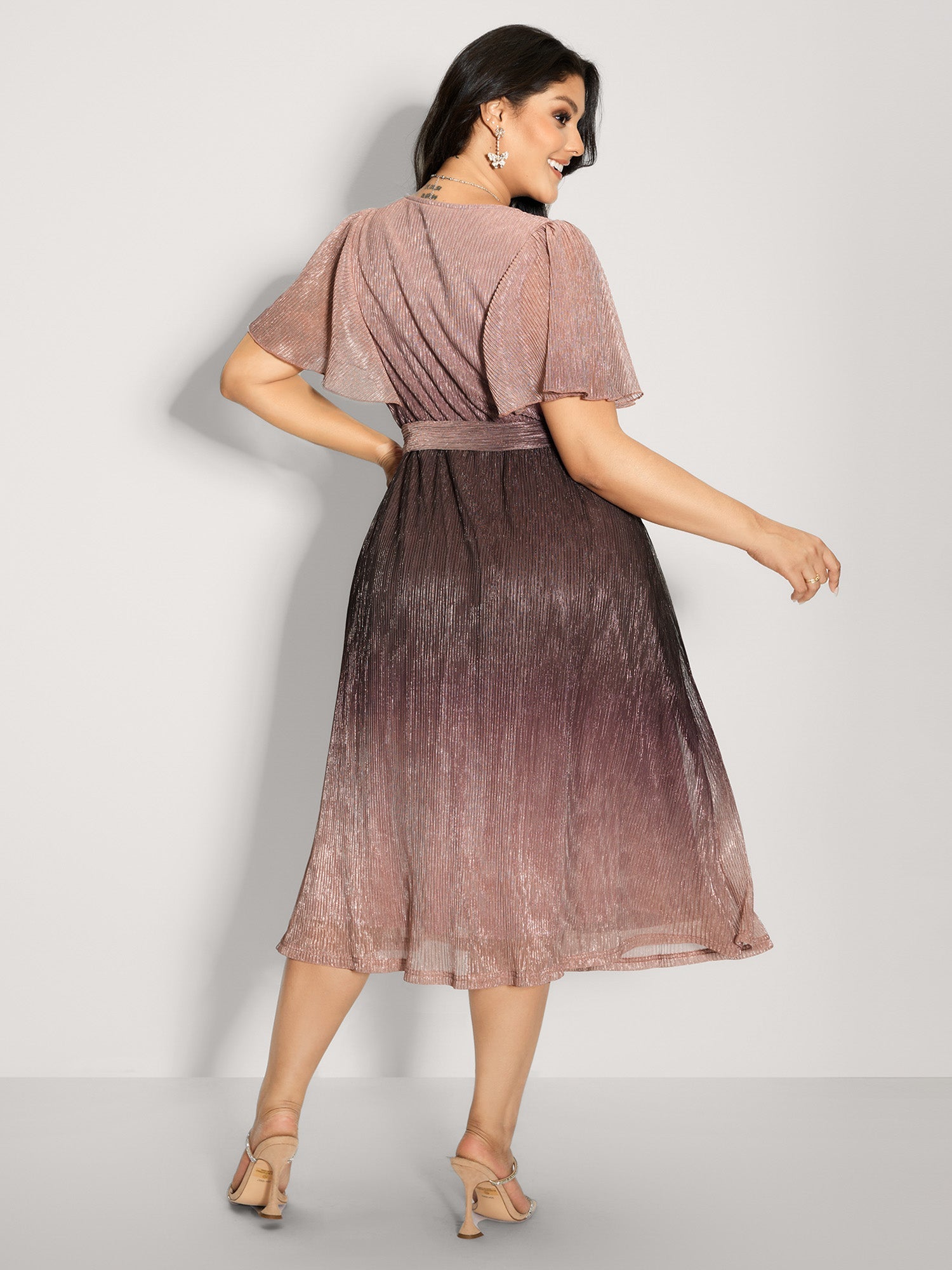 Color Gradient Pockets Belted Midi Dress