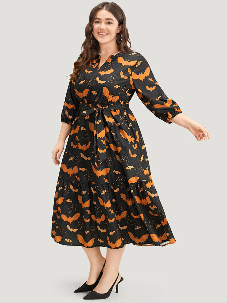 Halloween Bat Print Notched Belted Pocket Dress