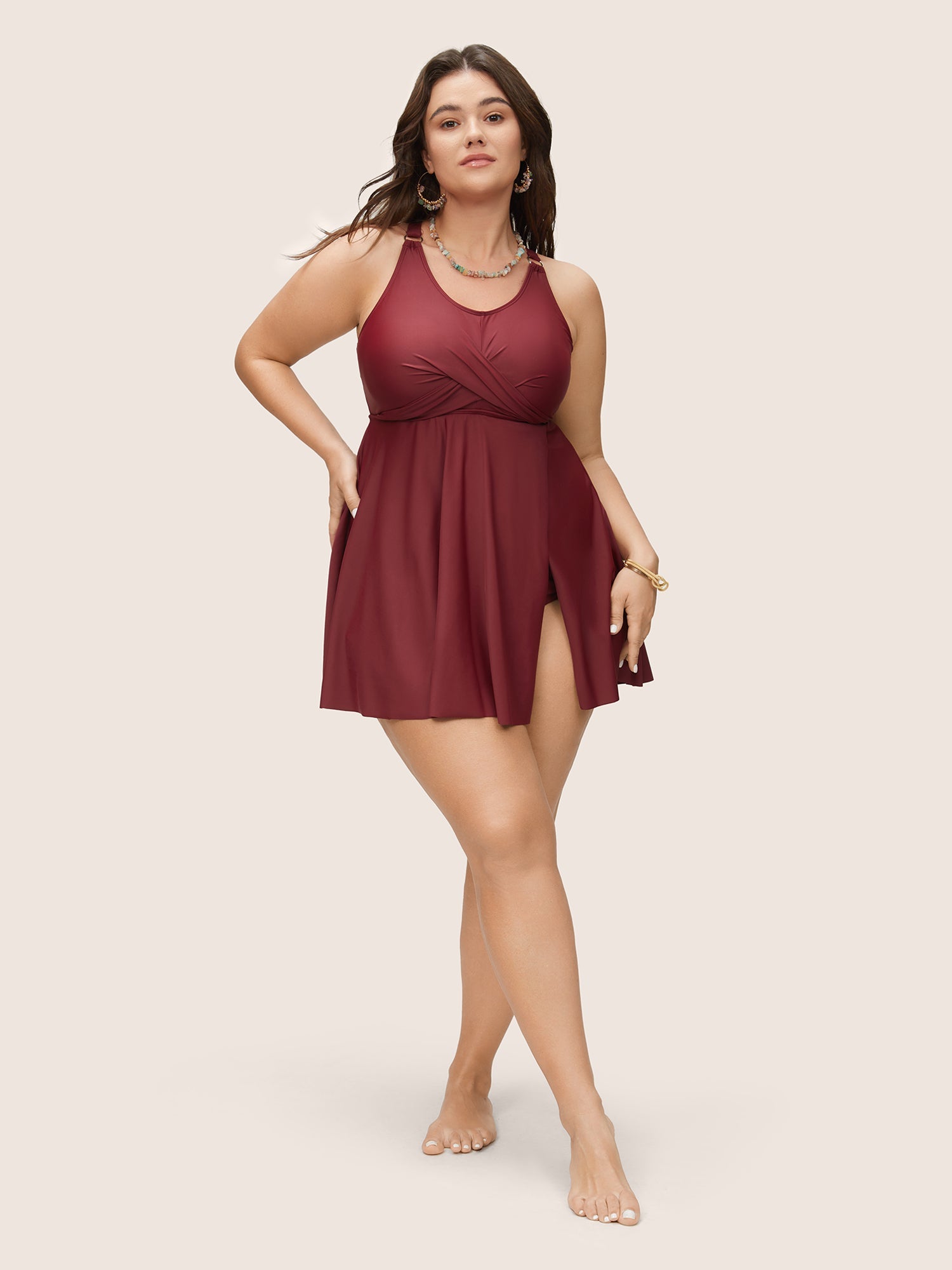 Solid Crossover Adjustable Straps Split Hem Swim Dress