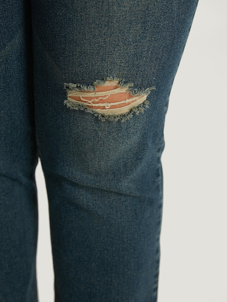 Solid Ripped Roll Hem Pocket Straight Leg Jeans
