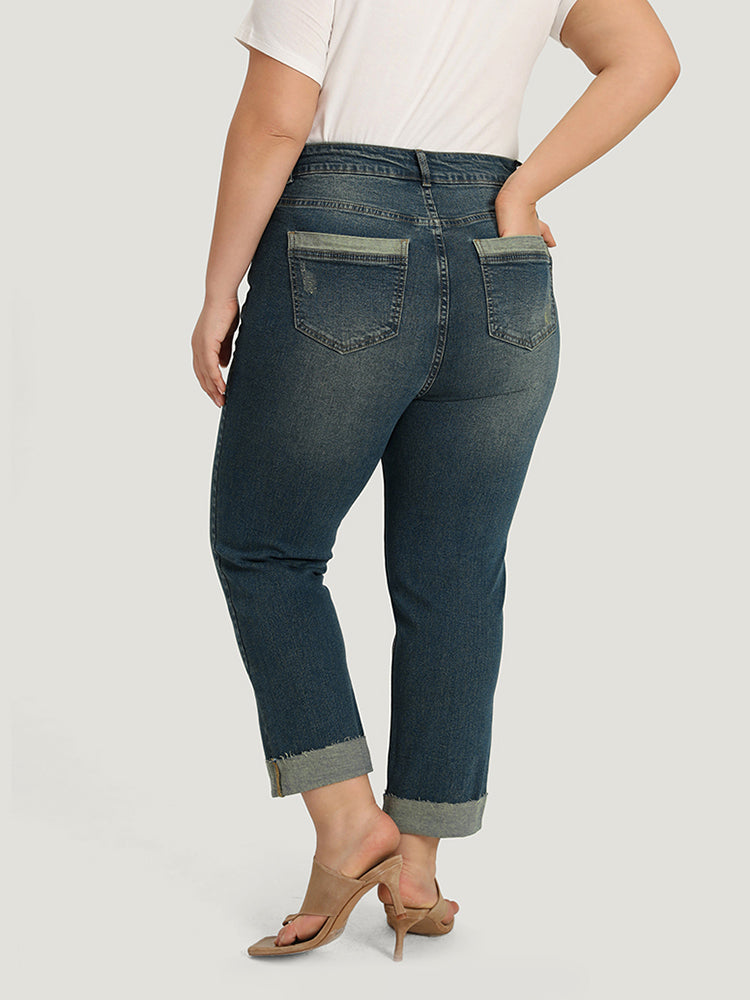 Solid Ripped Roll Hem Pocket Straight Leg Jeans