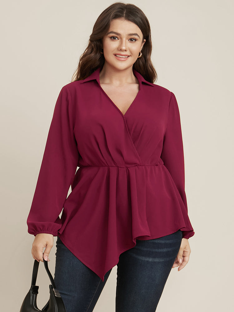 Solid Lantern Sleeve Surplice Neck Asymmetrical Hem Blouse