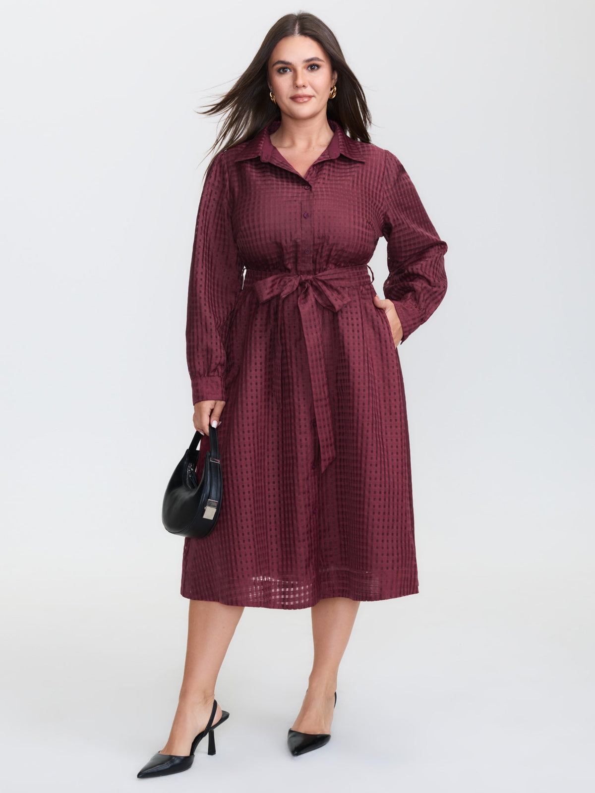 Belted Waist Textured Shirt Midi Dress
