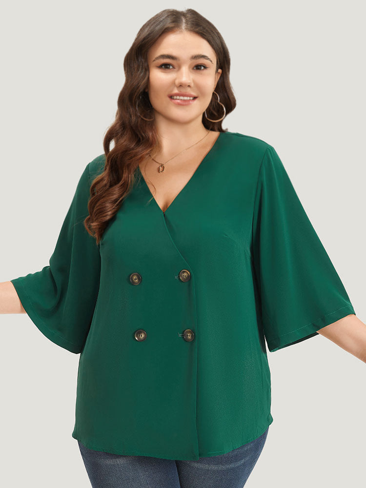 Plain Double Breasted Surplice Neck Flounce Sleeve Blouse