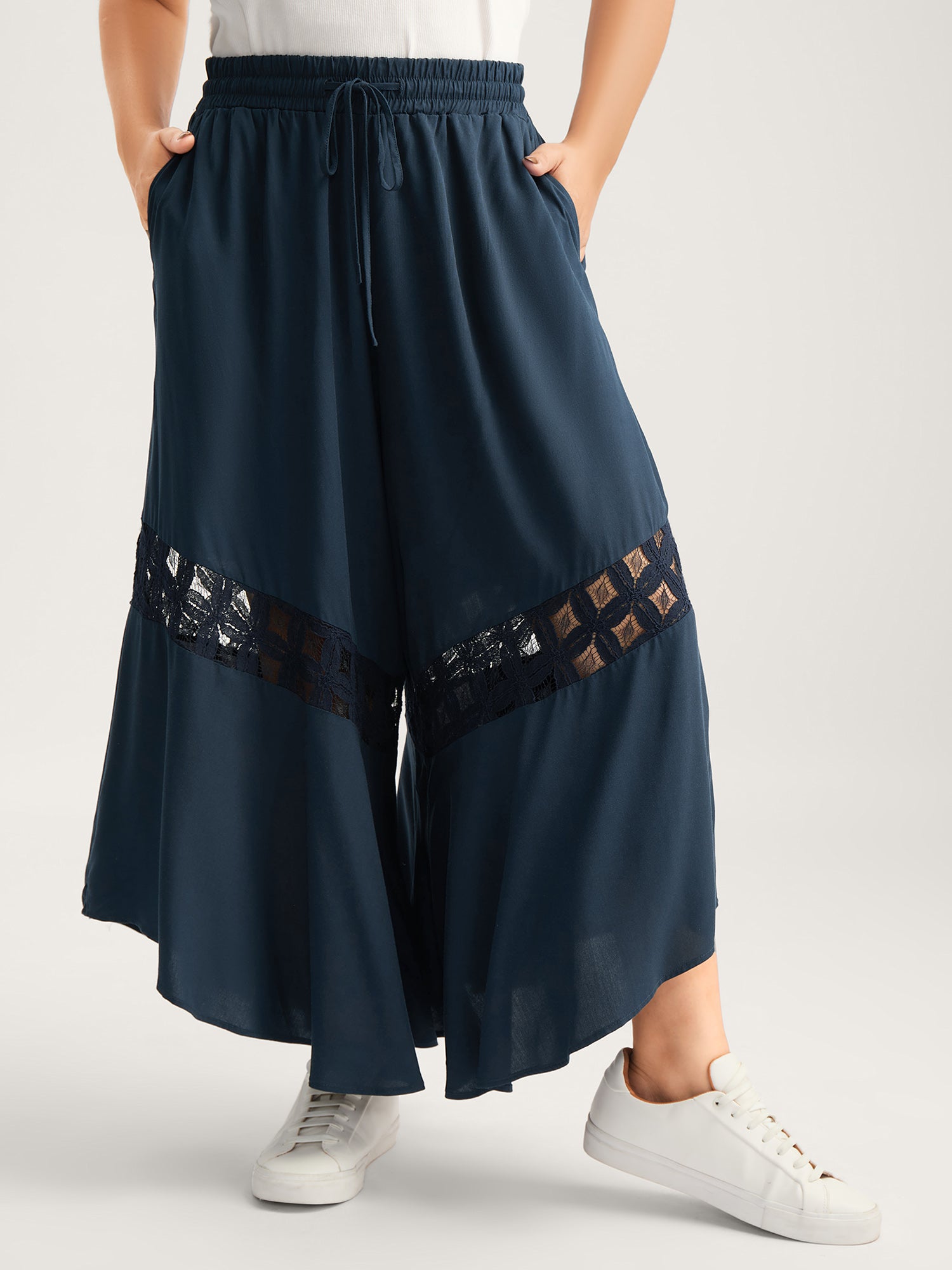 Sheer Lace Trim Flared Drawstring Pants