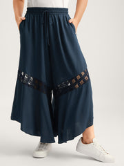 Sheer Lace Trim Flared Drawstring Pants