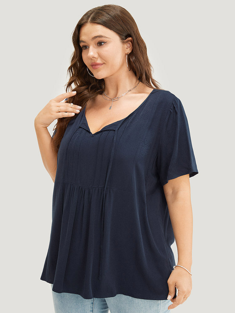 Solid Pleated Detail Tie Neck Ruffle Blouse