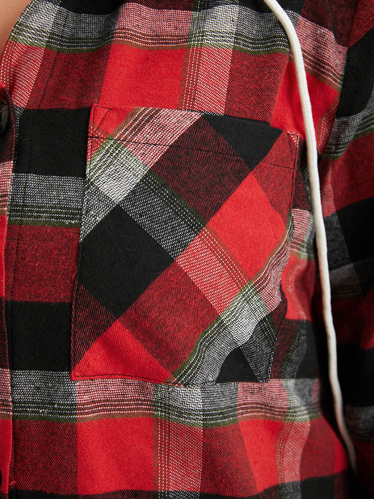 Plaid Patchwork Hooded Drawstring Button Through Jacket