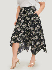 Floral Print Pocket Elastic Waist Hanky Hem Skirt