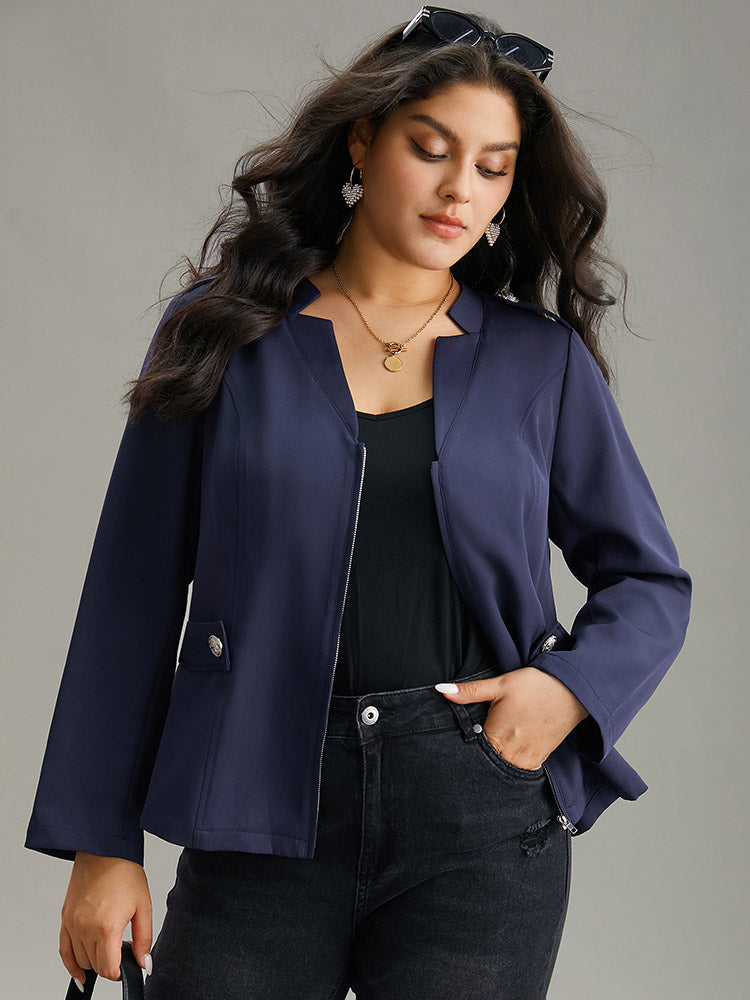 Plain Button Detail Notched Zipper Blazer