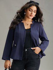Plain Button Detail Notched Zipper Blazer