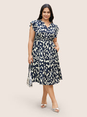 Notched Leopard Print Cap Sleeve Ruffles Dress