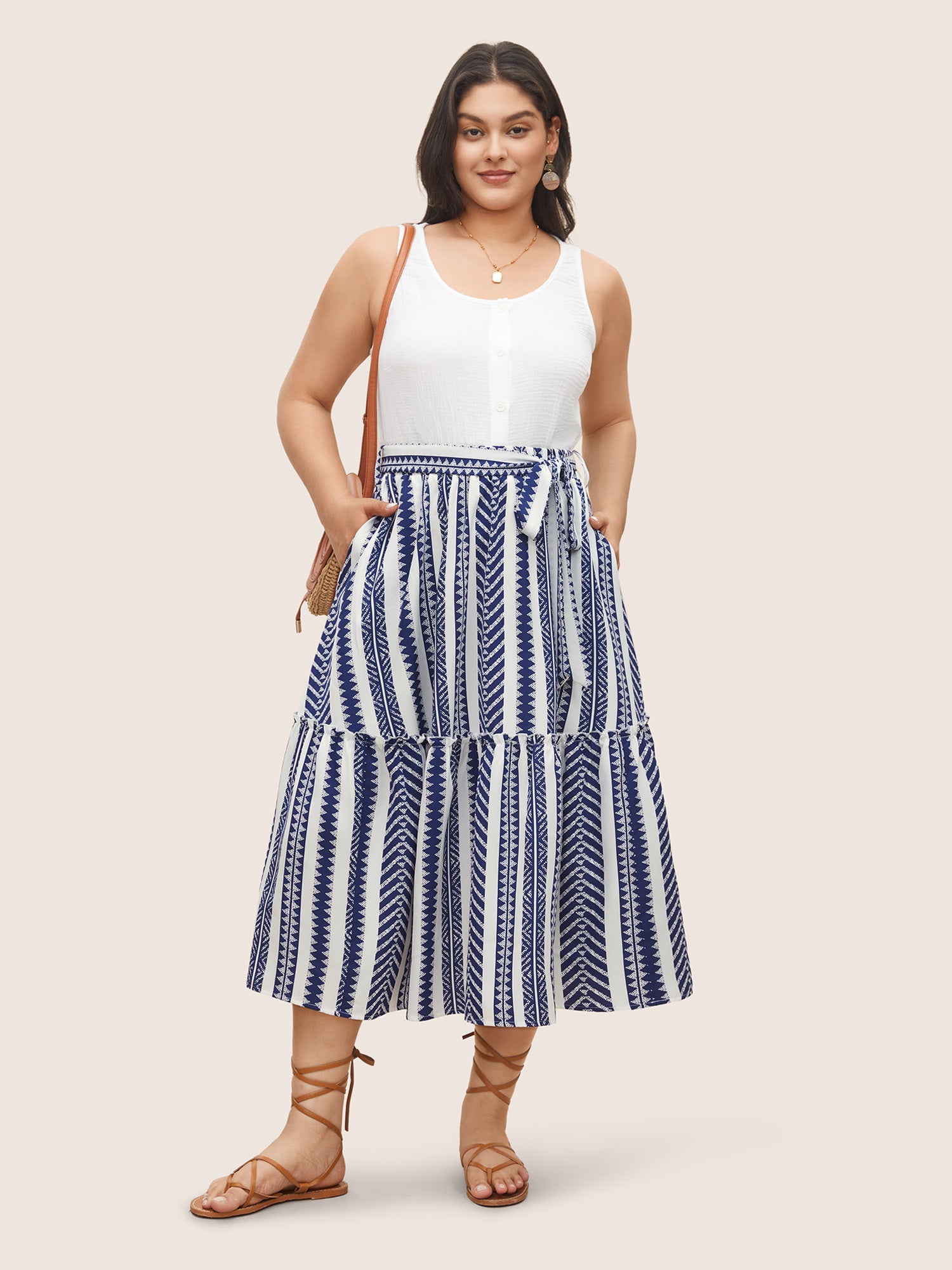 Bandana Geometric Belted Patchwork Ruffle Hem Skirt