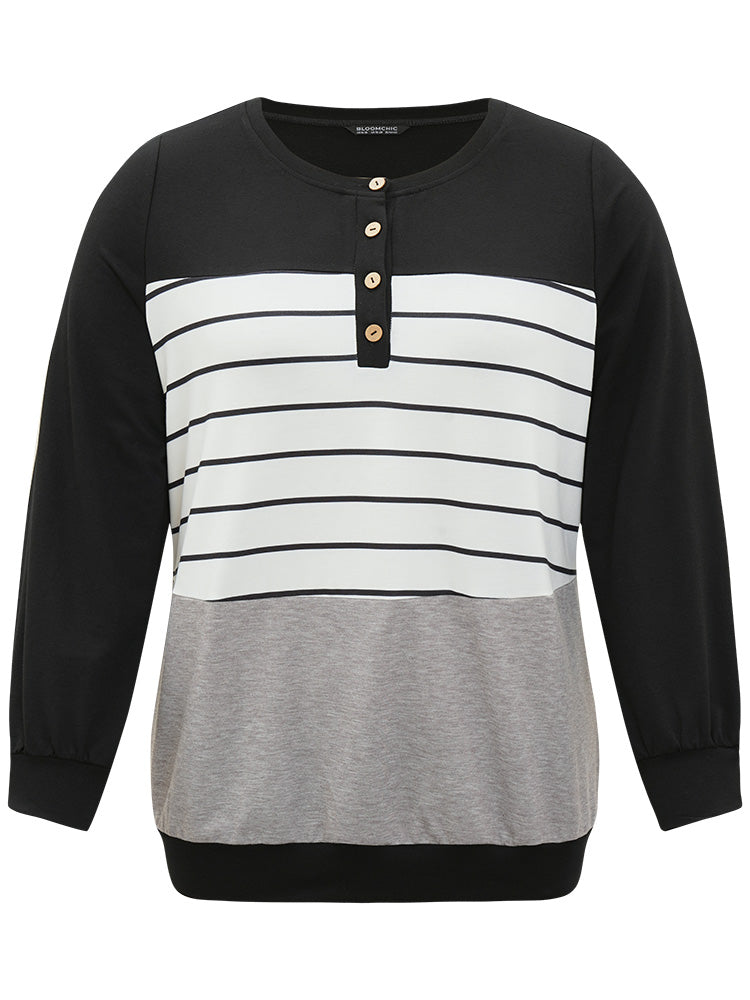 Striped Contrast Button Up Elastic cuffs Sweatshirt