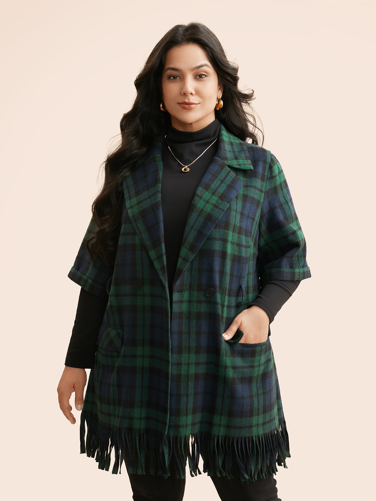 Plaid Tassel Trim Pocket Belted Jacket