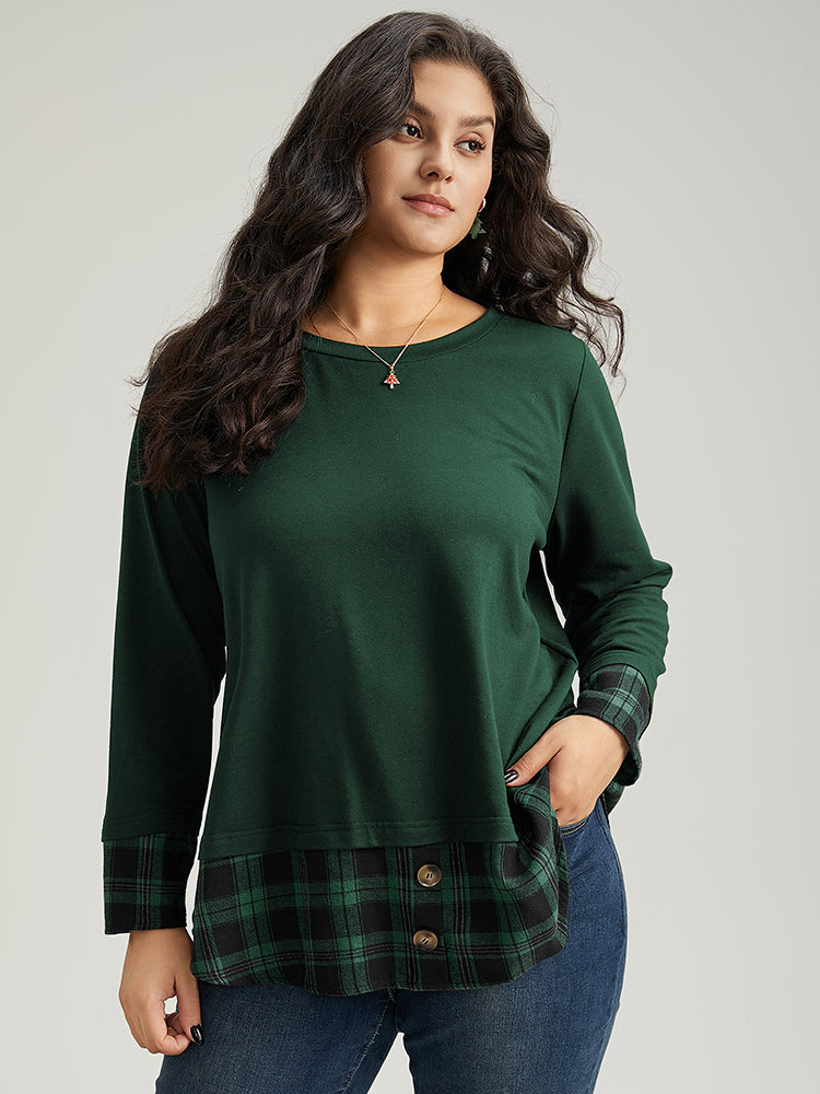 Plaid Patchwork Button Detail Curved Hem Sweatshirt