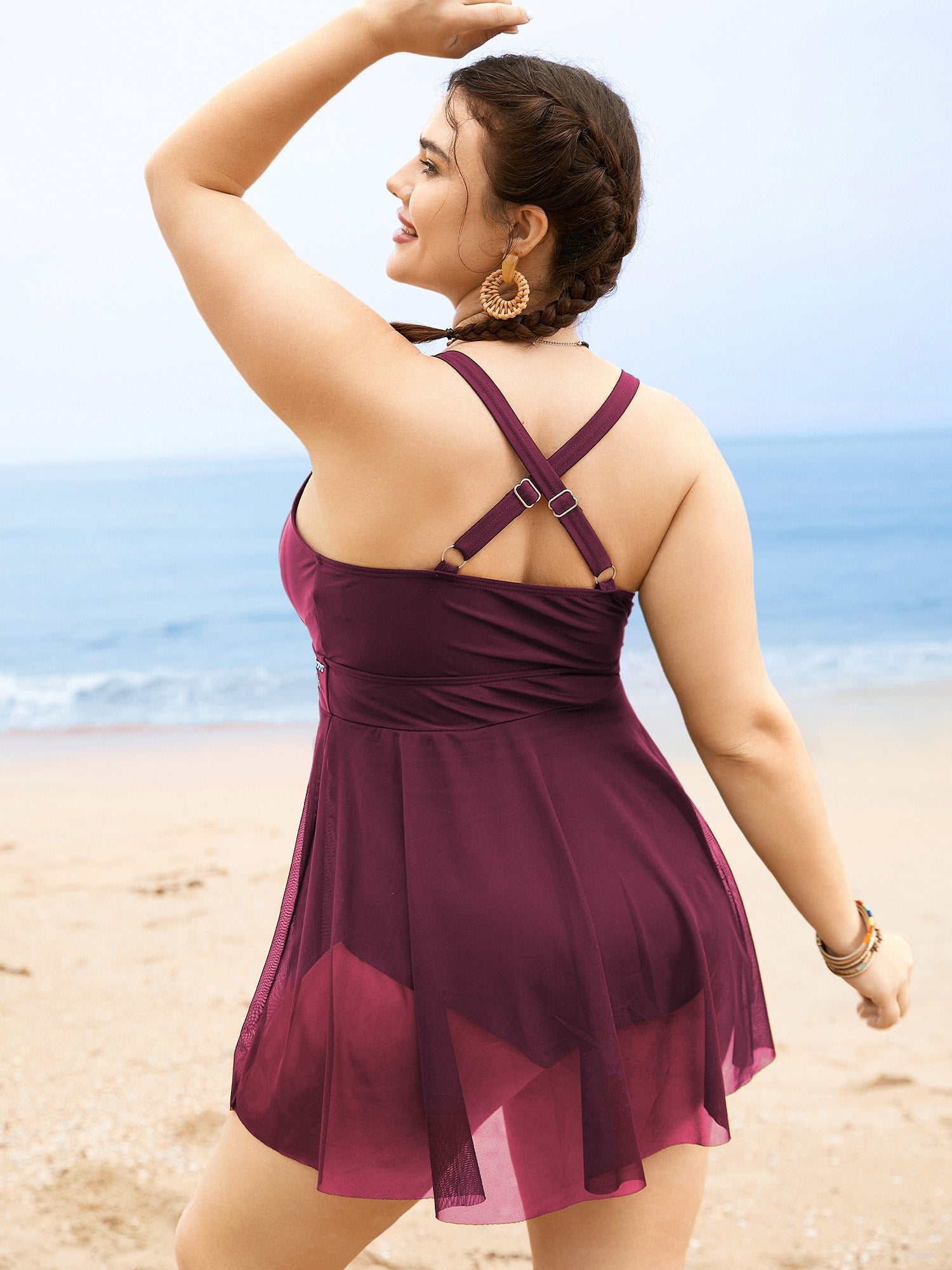 Floral Embroidered Overlap Collar Swim Dress