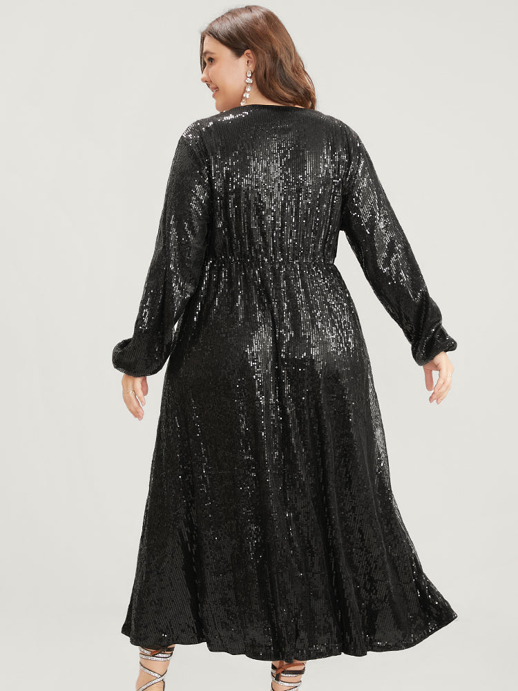 Solid Lantern Sleeve Pocket Wrap Sequin Maxi Dress