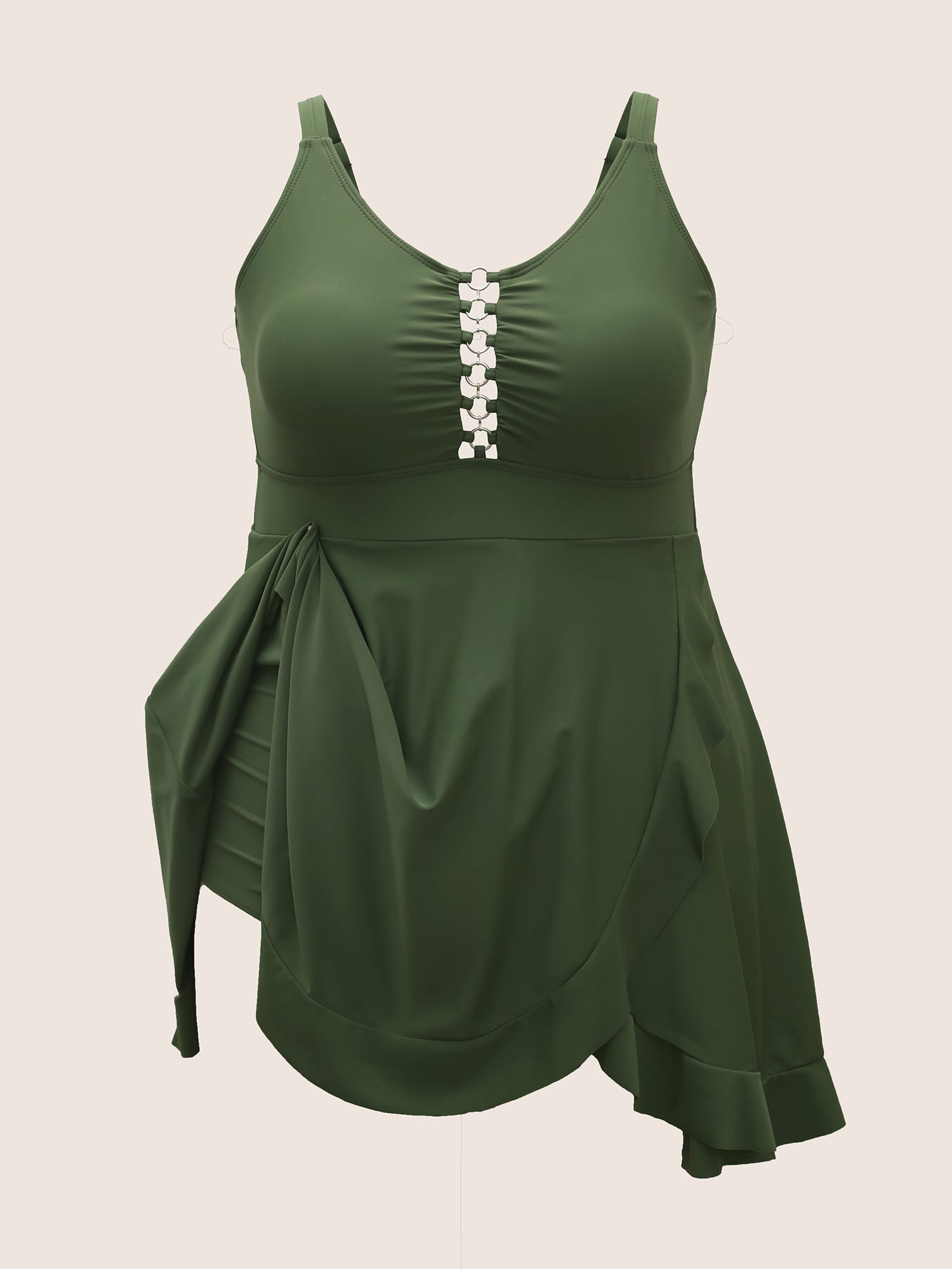 Solid O Ring Buckle Detail Ruffle Trim Swim Dress