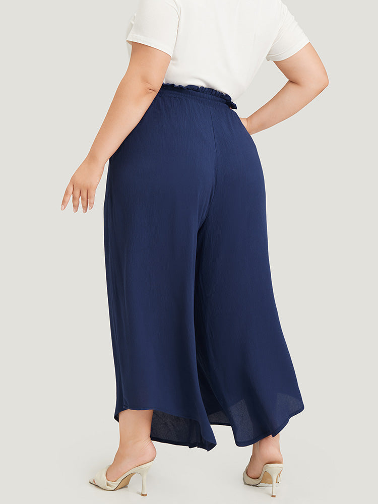 Solid Paperbag Waist Asymmetrical Hem Wide Leg Pants