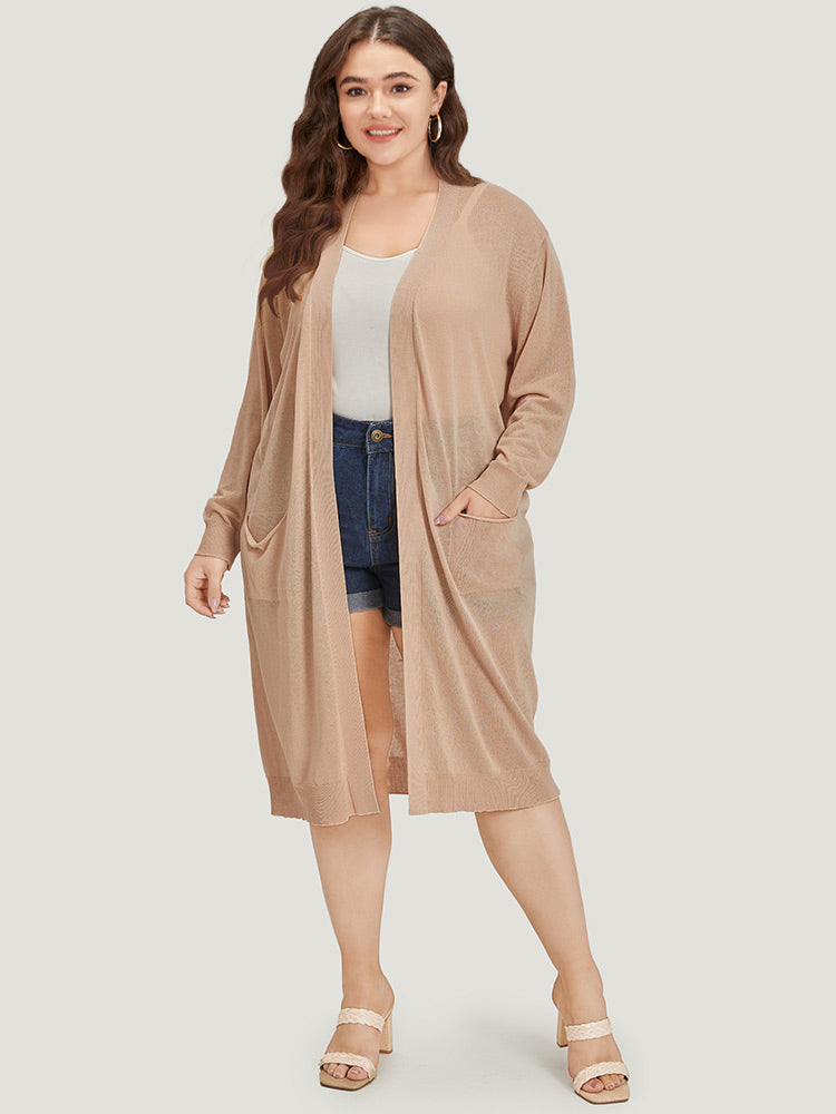 Solid Patched Pocket Open Front Breathable Maxi Cardigan