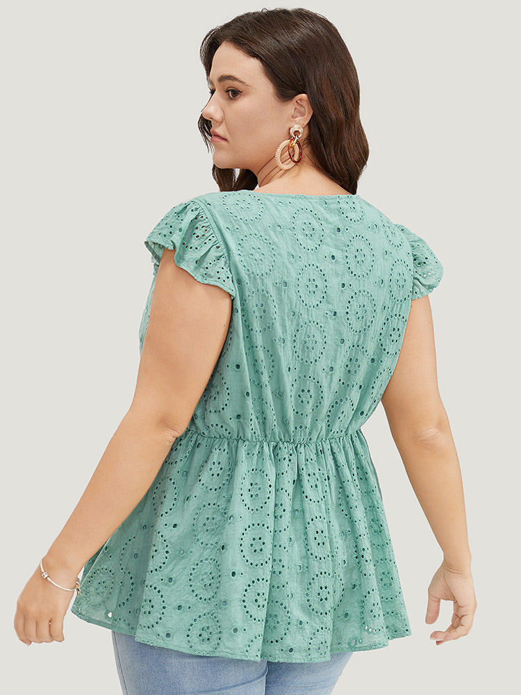 Solid Broderie Anglaise Ruffles Cap Sleeve Tank Top